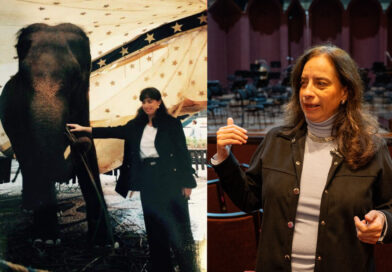 A violinista Simone Savytzky, que integra a OSP desde a fundação, em 1985, guarda a a foto tirada com a elefante Mila, na calçada da rua Amintas de Barros. Foto: CCTG